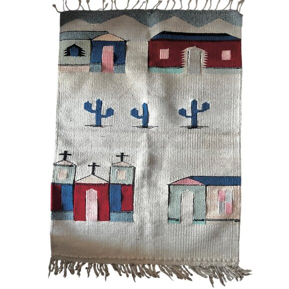 Handwoven Cotton Wool Southwestern-Style Wall Hanging Or Rug With Cactus & Villa - Picture 3 of 10